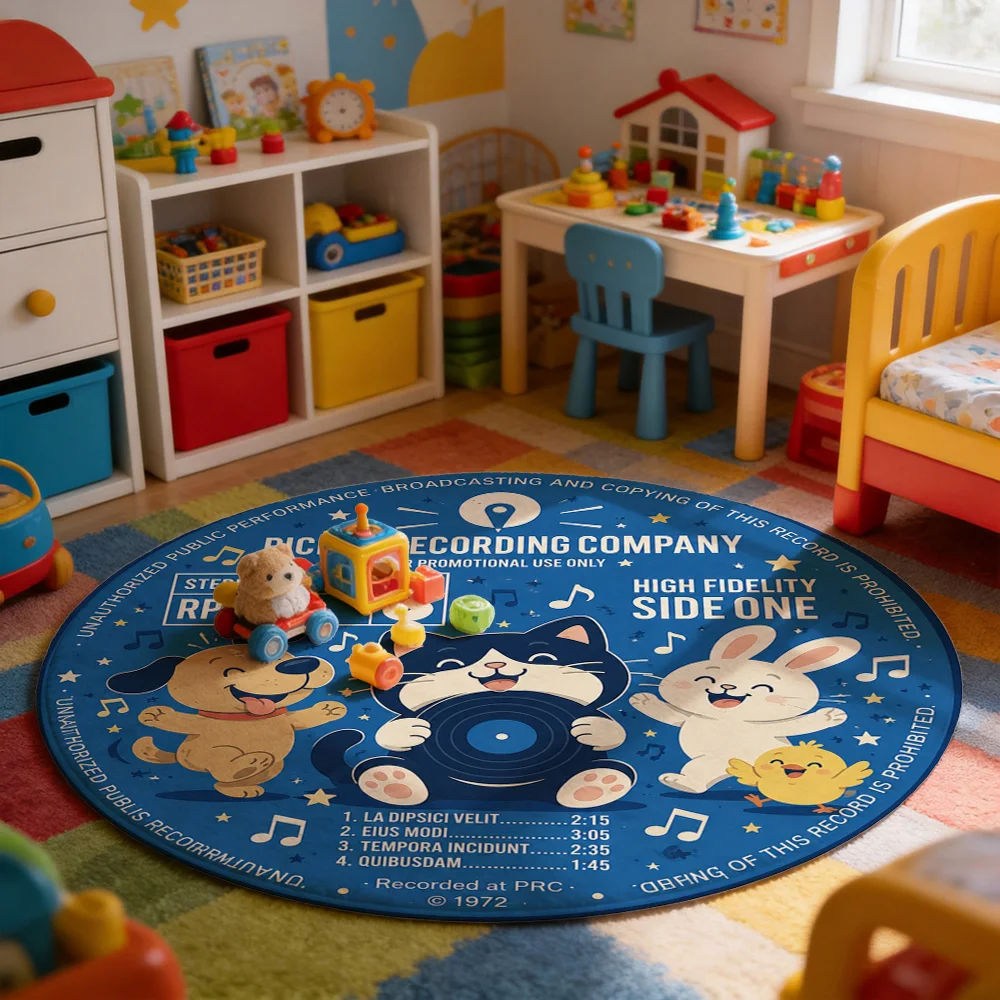 Fun Dog Cat Rabbit Record Store Themed Round Area Rug for Living Room Play Mat