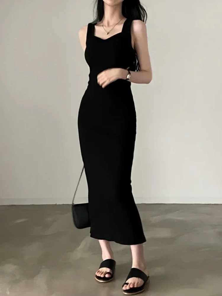 2024 Slim Screw Thread Black Dress Women Korean Solid New Sexy Sleeveless Split Dresses Summer Aesthetics Office Lady Vestidos