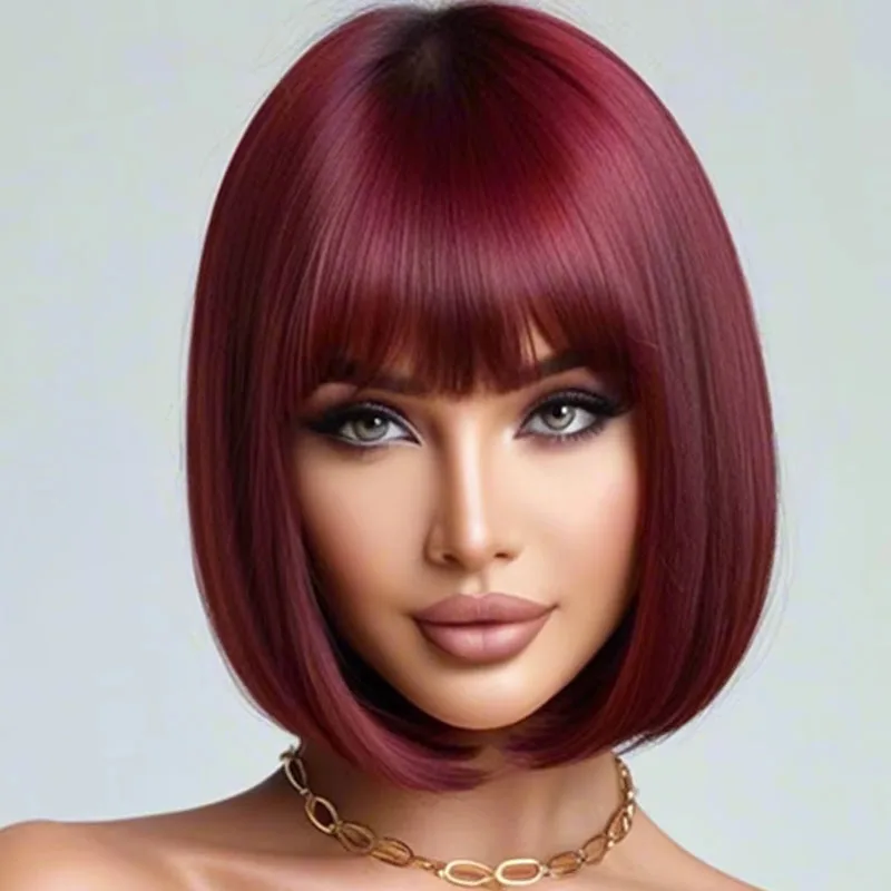 12 inch burgundy bob straight hair with bangs, synthetic high-temperature silk wig, heat-resistant heat-resistant, elegant styli image 5