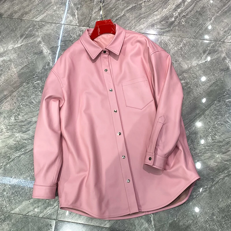 Pelle di agnello vera pelle 2023 nuova giacca in pelle rosa per donna primavera e autunno camicia in pelle aderente di media lunghezza