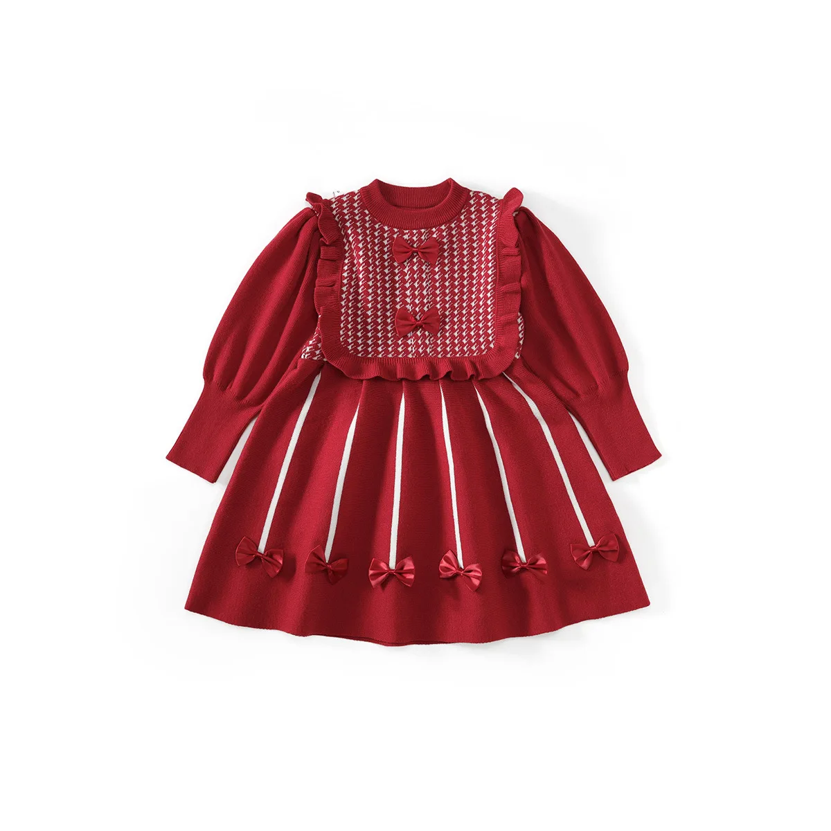 فستان سترة محبوك للفتيات مع فيونكة حمراء وأكمام طويلة فستان شتوي لخريف عيد الميلاد وحفلات أعياد الميلاد وملابس الأطفال الصغار #5