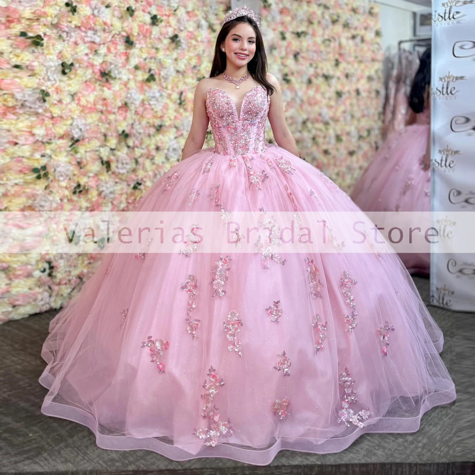 Vestido Quinceanera rosa doce para meninas mexicanas, apliques, lantejoulas, sem mangas, trem do tribunal, vestidos de festa formais, princesa vestido de baile