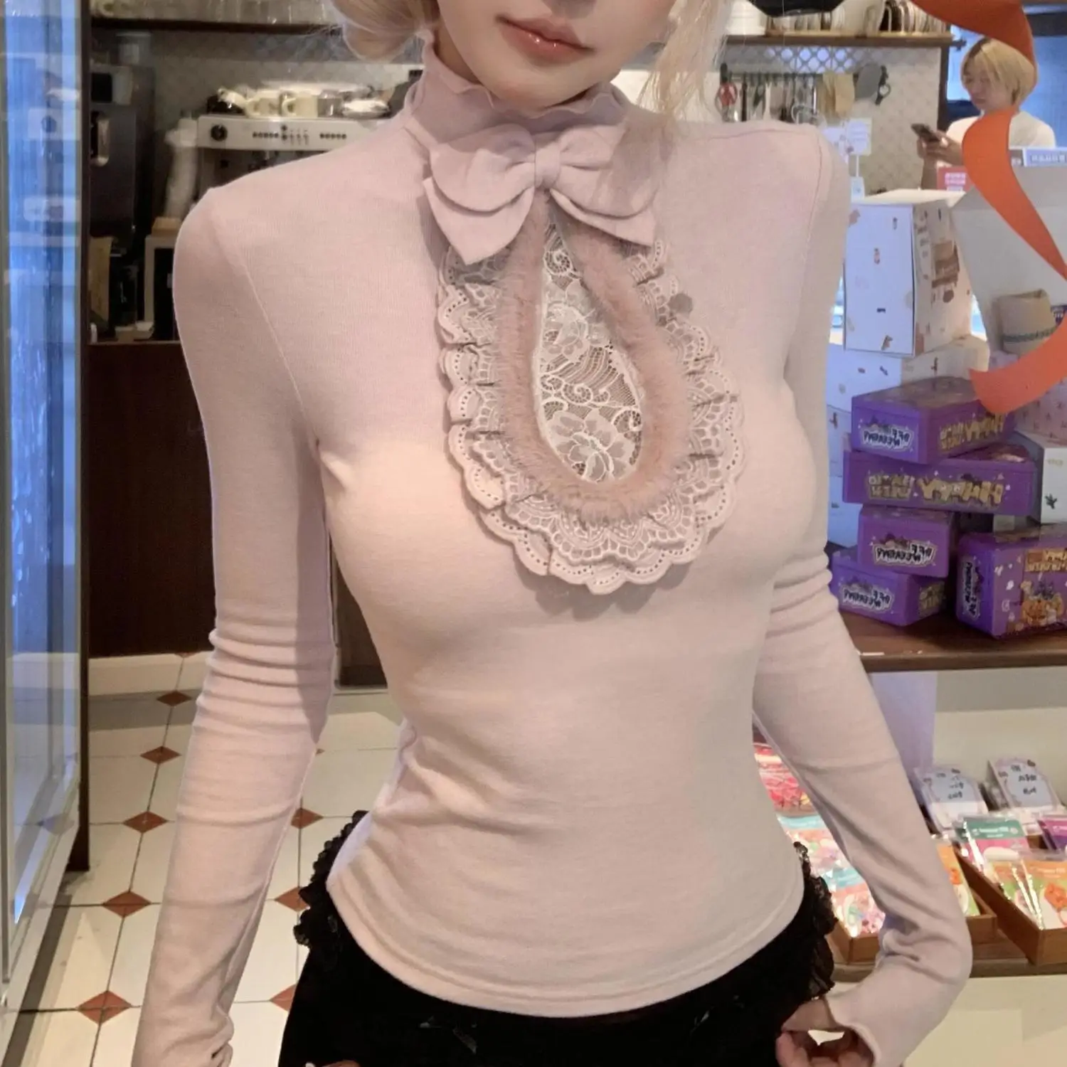 

SOIOMES плюшевые кружевные рубашки с высоким воротником и бантом для девочек, нижний топ с длинными рукавами, майки в стиле Лолиты