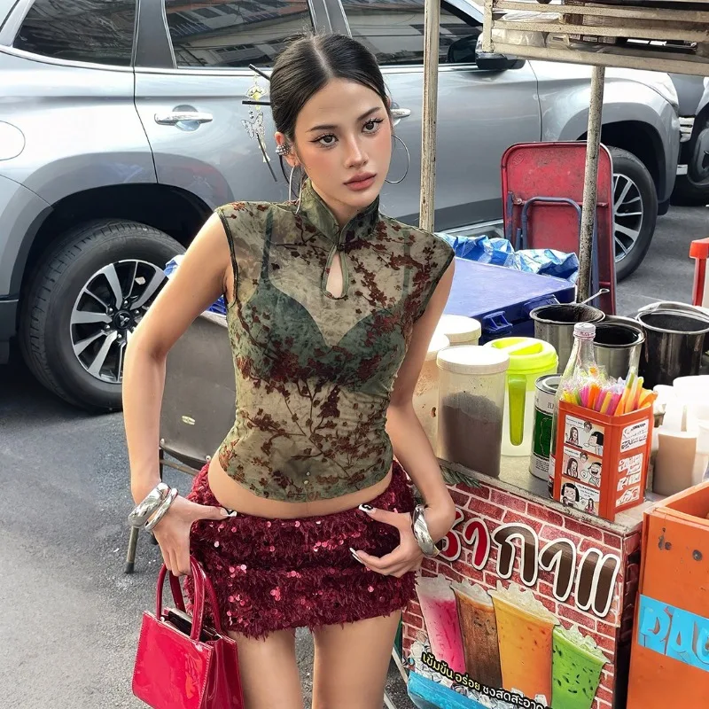 Spring and Summer New Women's Fashion Printed Slimming Cheongsam Neck Personalized Perspective Sleeveless Waist Top
