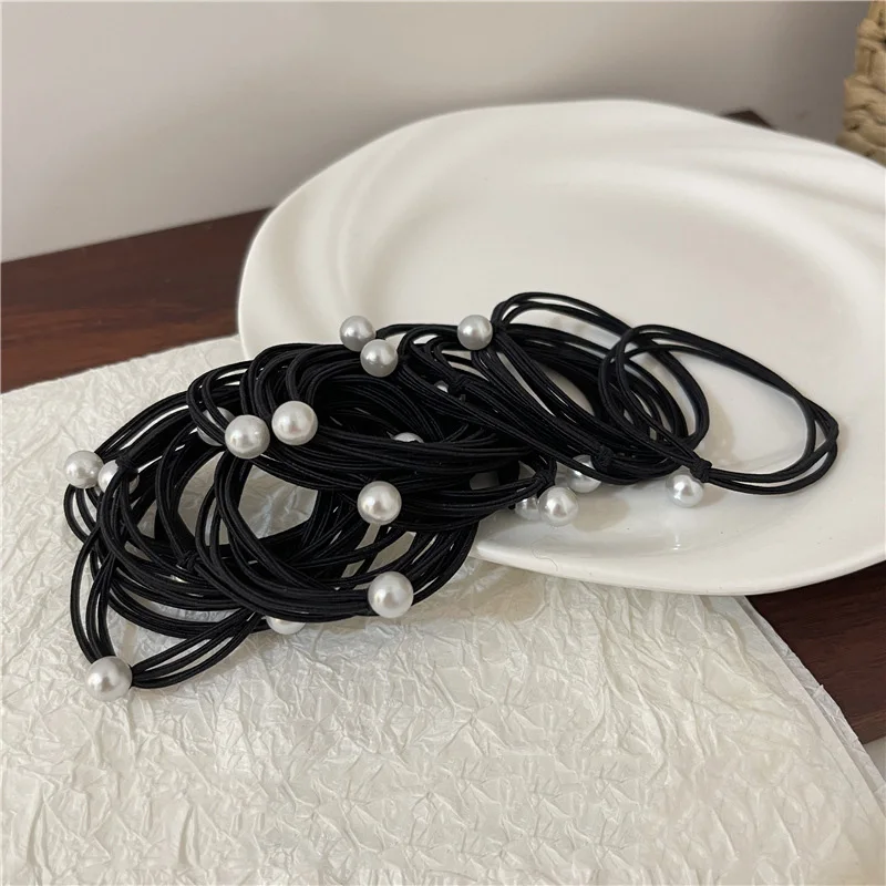 10pcs Simple Fashion Pearl Hair Bands Black Rubber Women Ponytail Holder Three Layer Hair Ties Elastic Scrunchies