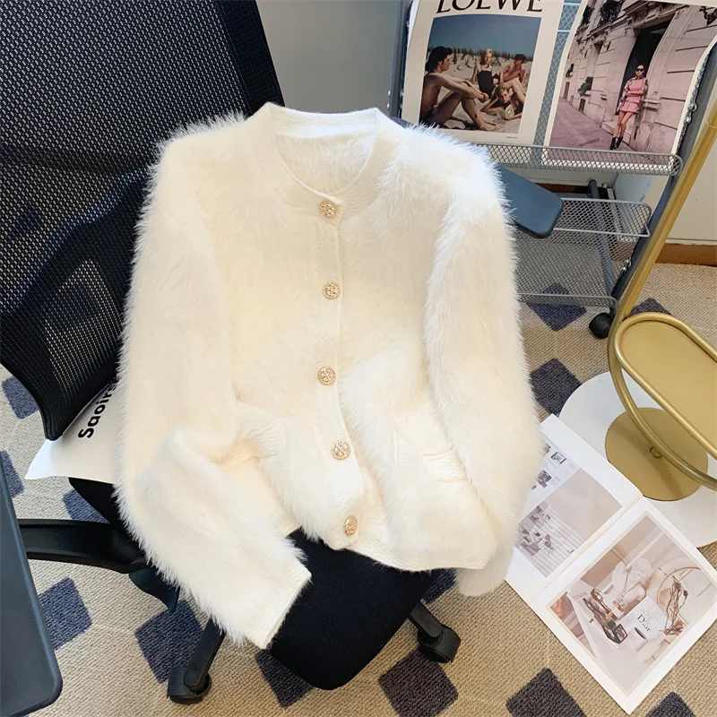 

Fluffy Mohair Cardigan For Women Korean Style Round Neck Fuzzy Sweater Woman 2024 Autumn Winter New Button Up Warm Jersey Female