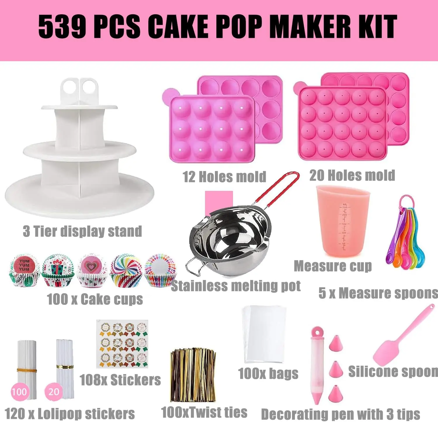 طقم صانعة الكيك مكون من 539 قطعة - قوالب مصاصة من السيليكون لمستلزمات الخبز مع حامل عرض ثلاثي الطبقات |   وعاء ذوبان حلوى الشوكولاتة