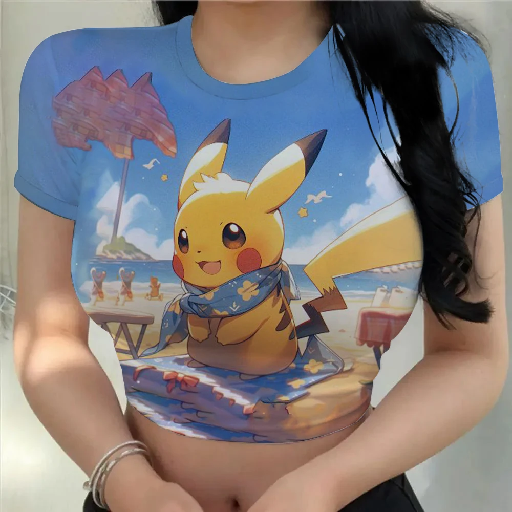 2024 Sexy belly button top Pikachu printed short sleeve top tight skirt women's satin fabric cute women's wear