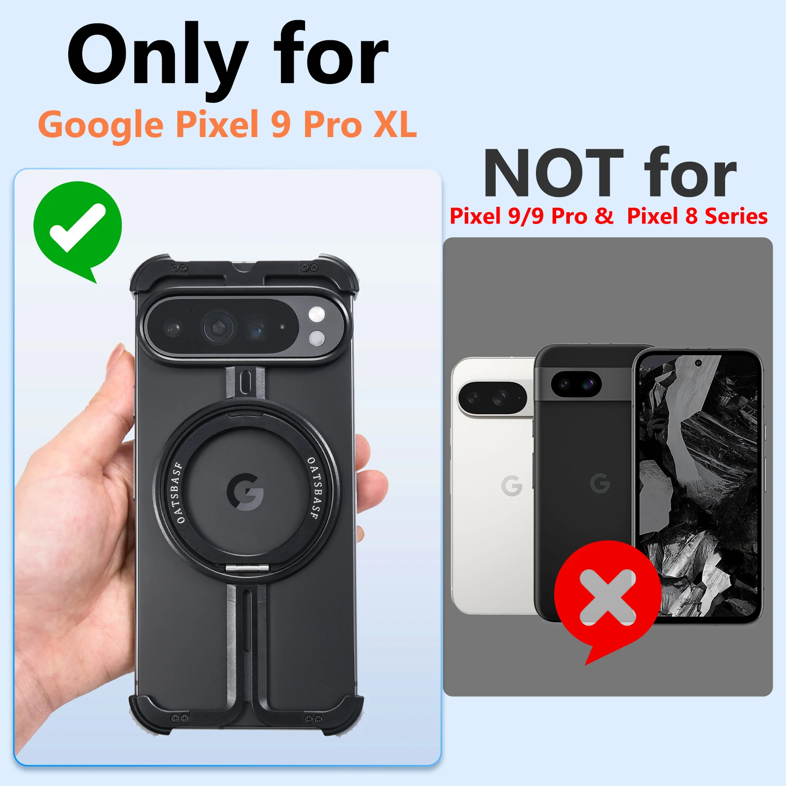 Oatsbasf Metal Phone Case for Google Pixel 9 / Pixel 9 Pro XL Phone Protector Bazel-Less Cover w/ Magnetic Holder Camera Protect