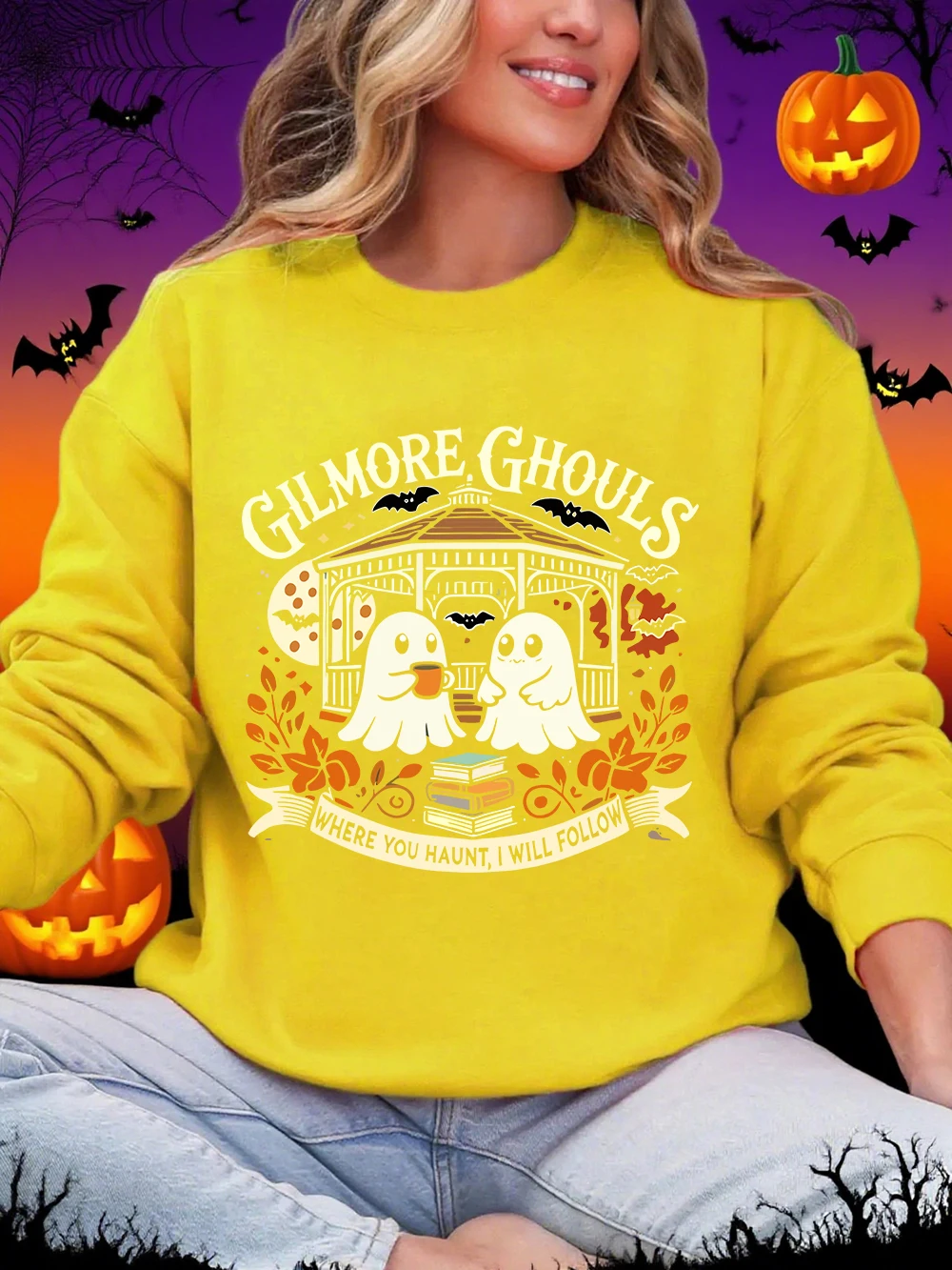 هالوين جيلمور الغول يطبع بلوزات النساء Crewneck أساسيات هوديس فضفاض الصوف الدافئة البلوز الشتاء ملابس امرأة غير رسمية