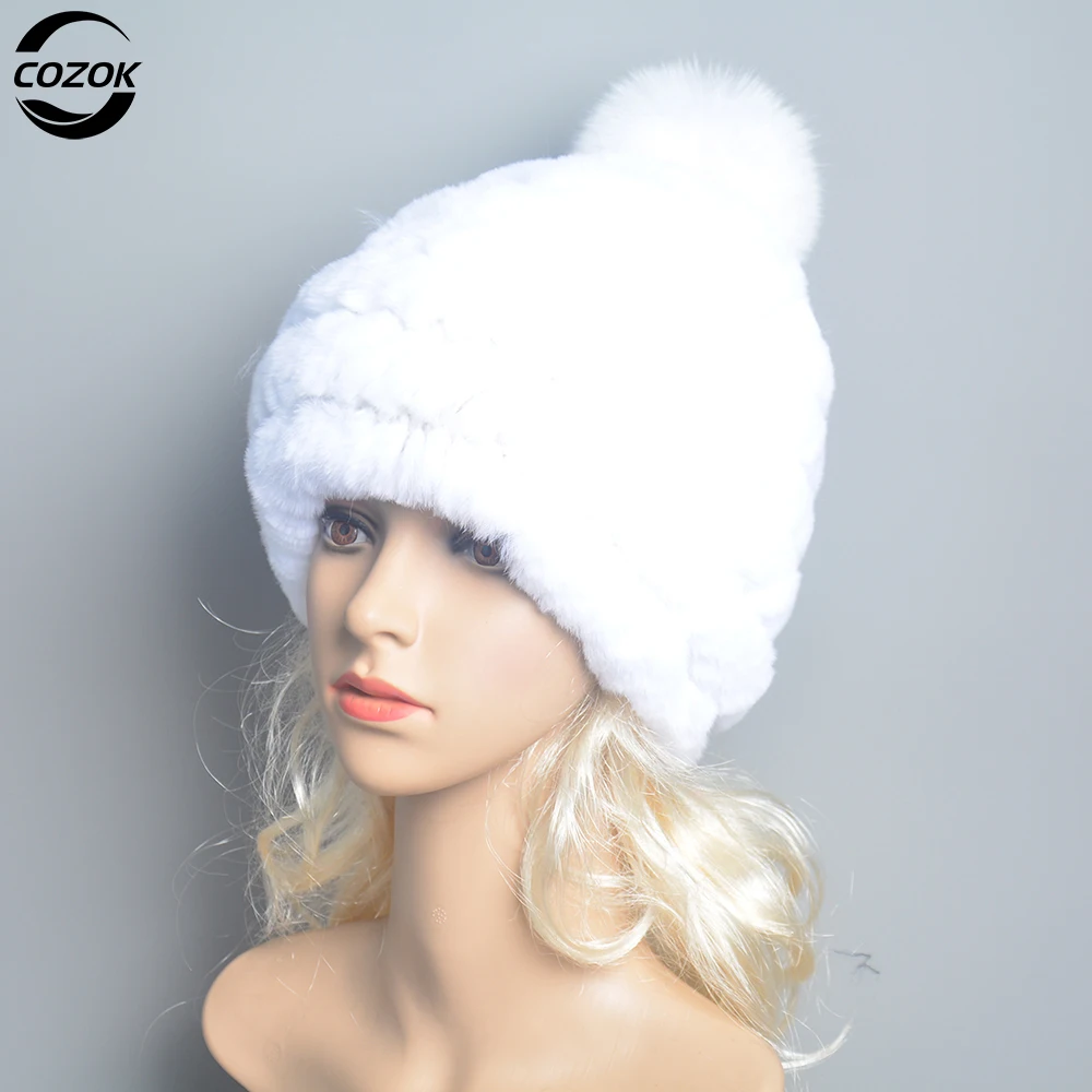 Winter Princess Cap with Ball for Women Ski Hat Outdoor Warm Ear Protection Knitted Beanies Soft Real Fur Female Pom Pom Caps