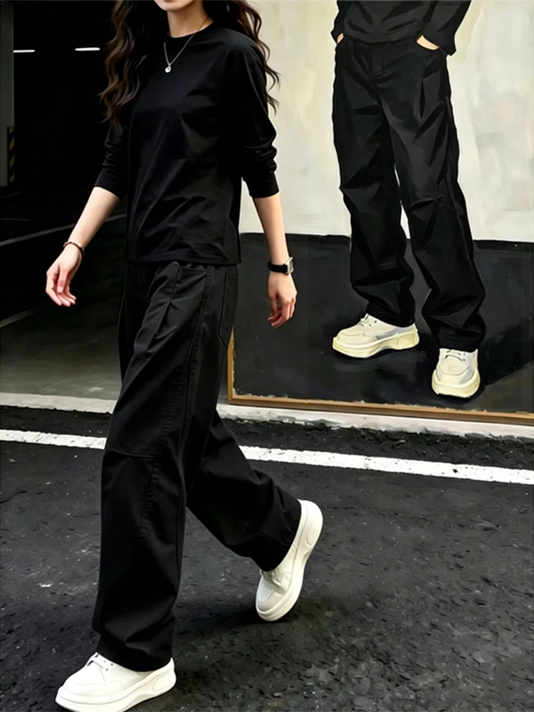 American Style Pure Black Straight Leg Work Pants Men's Trendy Brand Cleanfit Loose Casual Long Trousers Wide Leg Pants