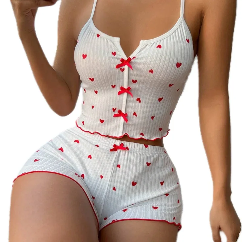 Женские сексуальные пижамы в форме сердца с принтом, цветная домашняя одежда, открытые подтяжки спереди, шорты, домашняя одежда из двух предметов