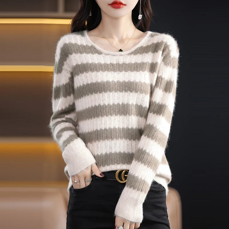 Women 100% Pure Mink Cashmere Knitted Sweater Autumn Winter Fashion O-Neck Top Warm Strip Pullover Casual Color Block Clothes