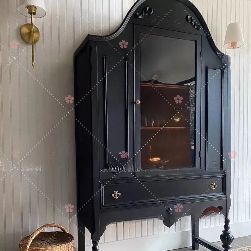 American solid wood carving flower and dining side cabinets, small household storage cabinets against the wall