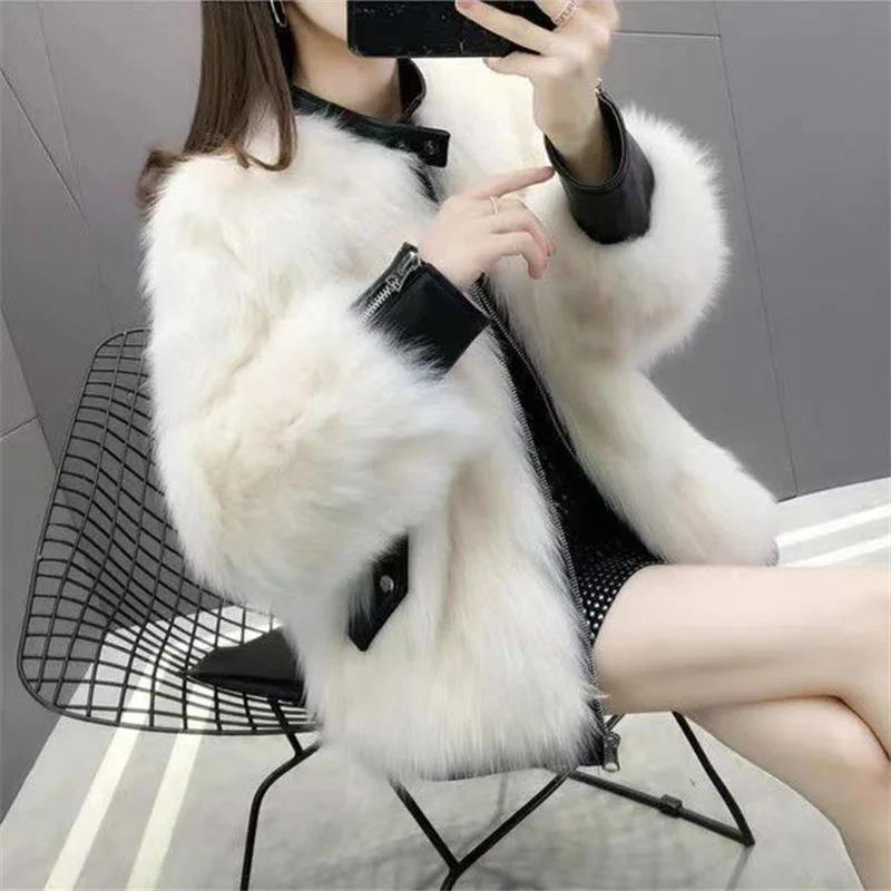 

Autumn Winter Women Fur Coat Korean Loose Imitation Fox Fur Short Fashion Outwear Female Korean Patchwork Zipper Leather Jacket