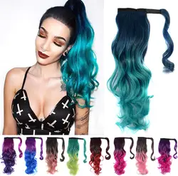 Synthetic Ponytail Hair Extension Wrap Around Curly Wavy Hair Green Blue Pink Ombre Fake Hair Pony Tail Hairpiece for Women