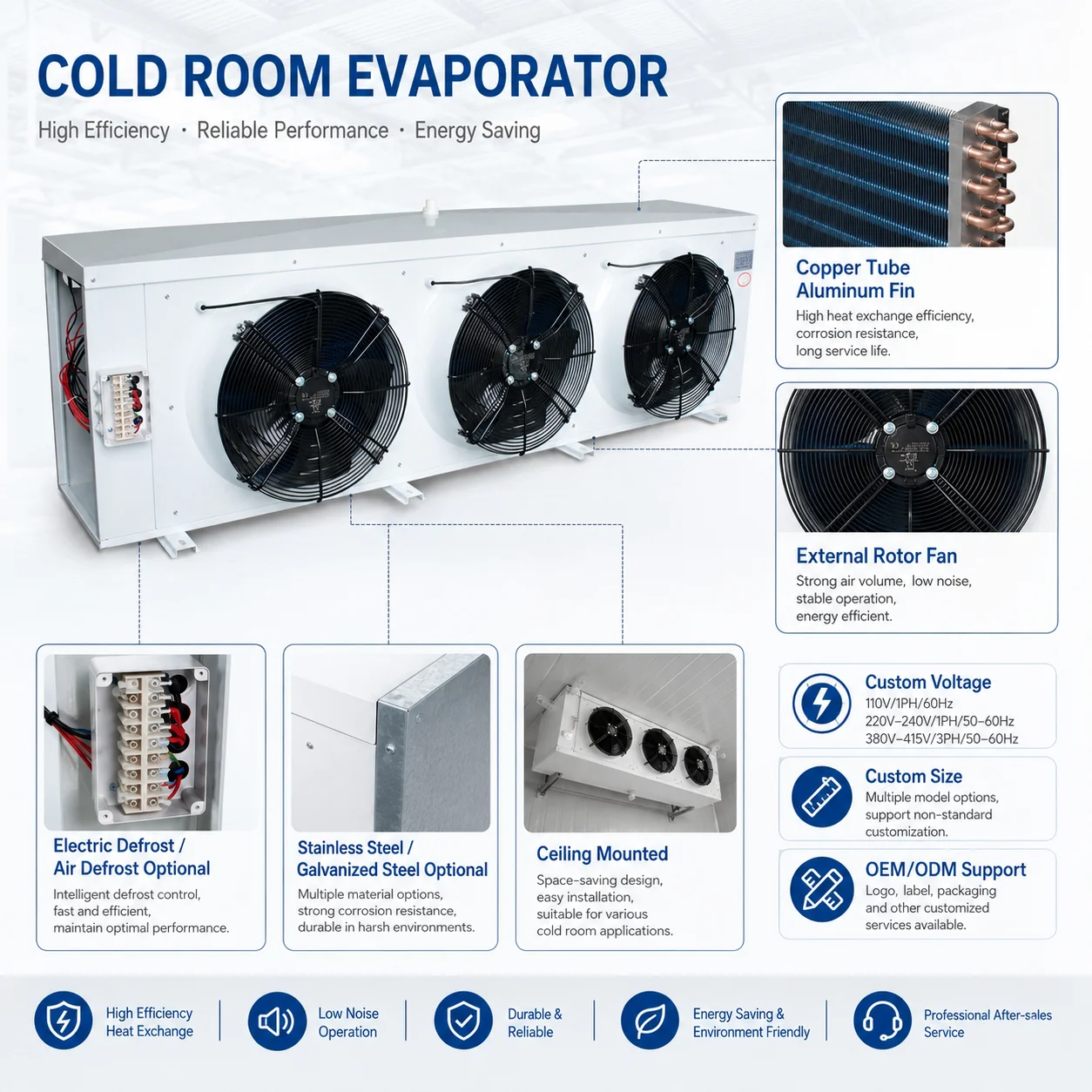 Cold Room Evaporator Coil Copper Tube Aluminum Fin For Industrial Cold Storage Refrigeration System Matching