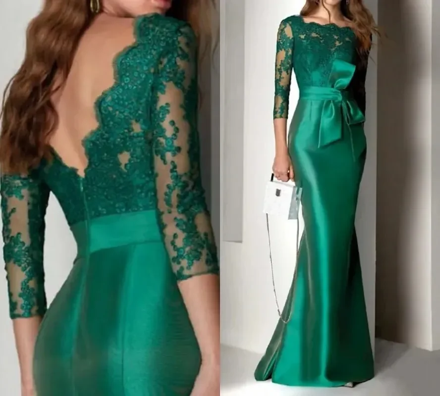 Lace Round Neck Satin Evening Dress With Exposed Back Elegant Embroidery Mermaid Long Floor Dress Formal Ball Wrap Dress Customi