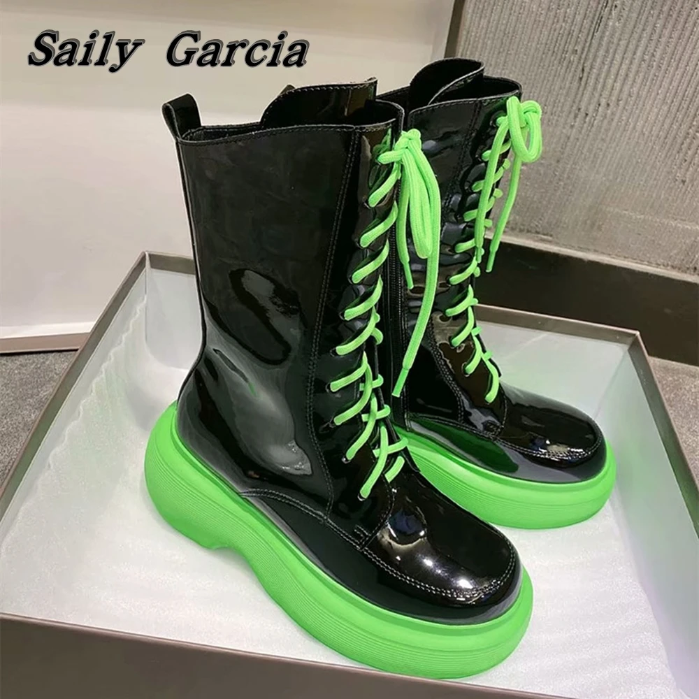 Round Toe Thick Fluorescent Green Sole Motorcycle Boots 2023 Punk Style Lace Up Women Boots Microfiber Leather Mixed Color Shoes