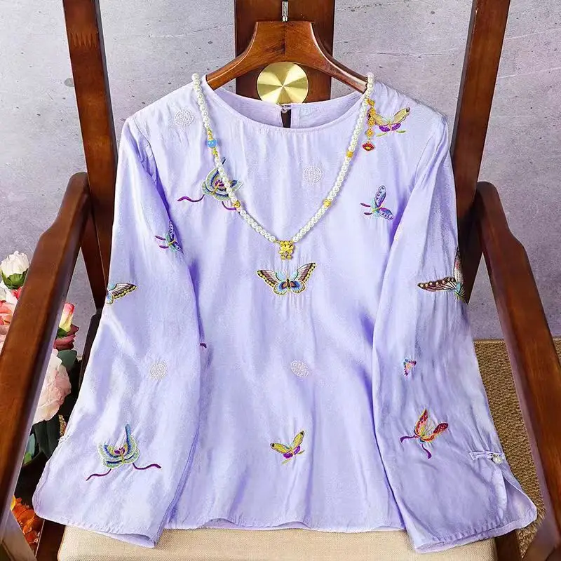 

High-Quality Retro Chinese Style Top 2024 Summer Elegant Butterfly Embroidery Rayon Hanfu O-Neck Woman Shirt S-XXL