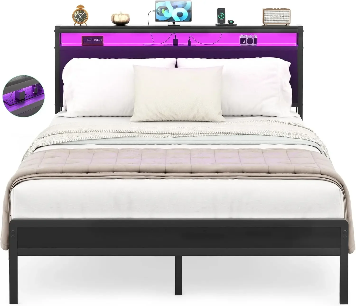 Full Size Bed Frame with Charging Station and Led Lights, Industrial Metal Platform Bed with Storage Headboard, Steel S