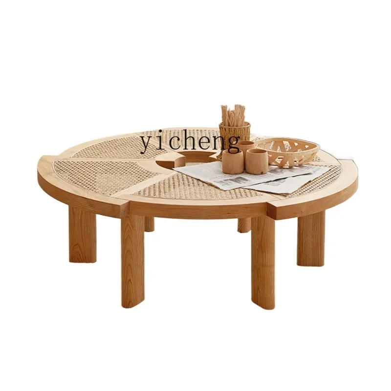 

ZF Log Silent Coffee Table round Solid Wood Gear Shaped Light Luxury Household Tea Tray Living Room