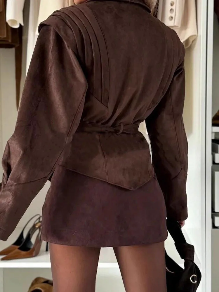 

Casual Long Sleeve Waist Women Coats Fall Winter Elegant Lapel Lace-Up Outercoat Fashion Button Fleece Solid Color Short Jacket