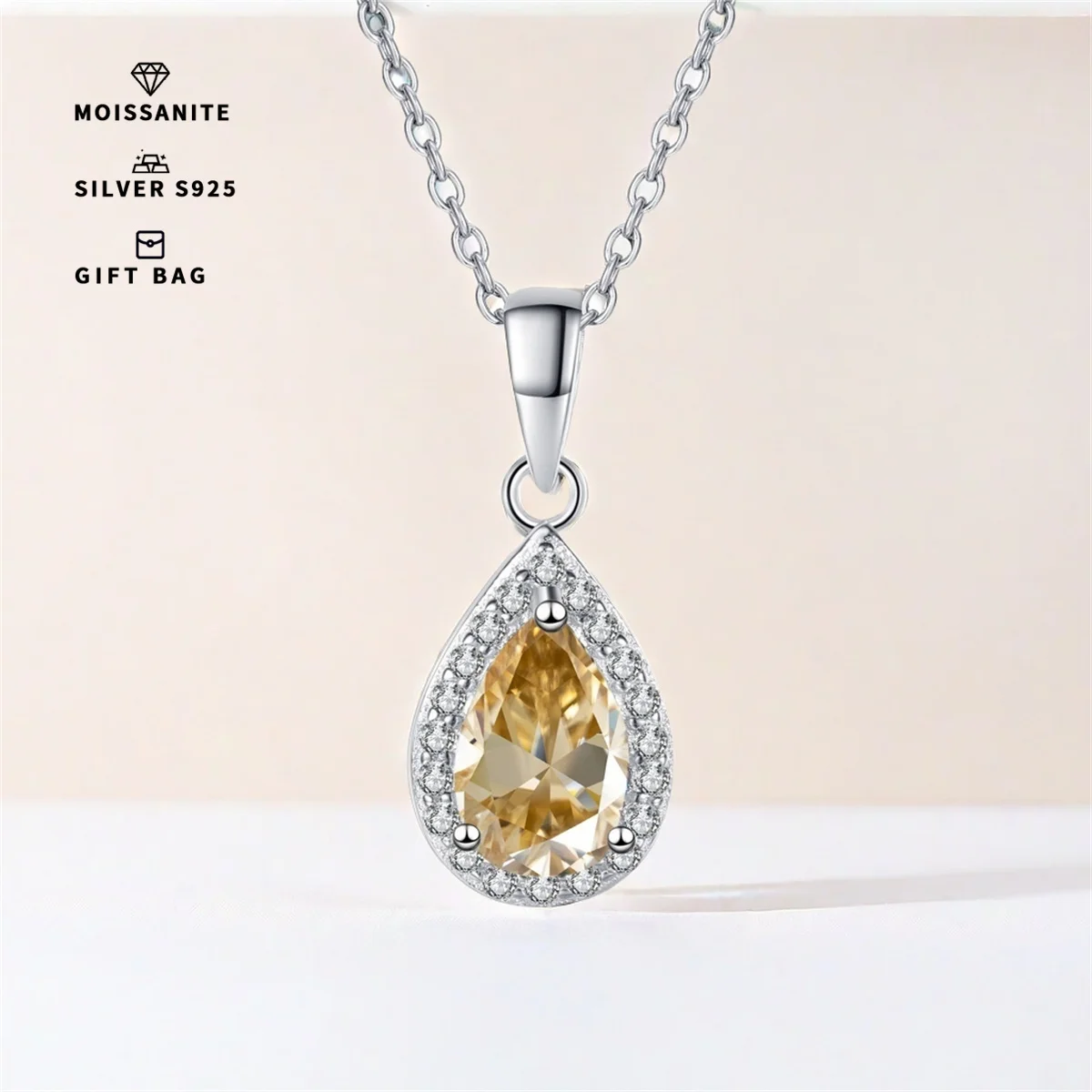 S925 silver plated platinum inlaid pear-shaped Champagne GRA Moissanite Necklace Sweet Pendant Simple Clavicle Chain for women