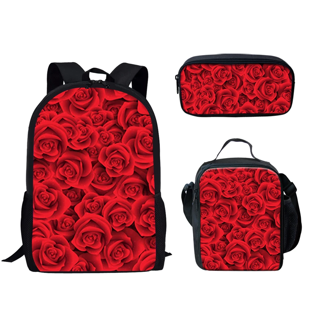 

Red Rose Romantic Flowers Design 3 Pcs School Bag Set for Teen Boys Girls School Bag for Student Casual Bookbag Mochila Infantil