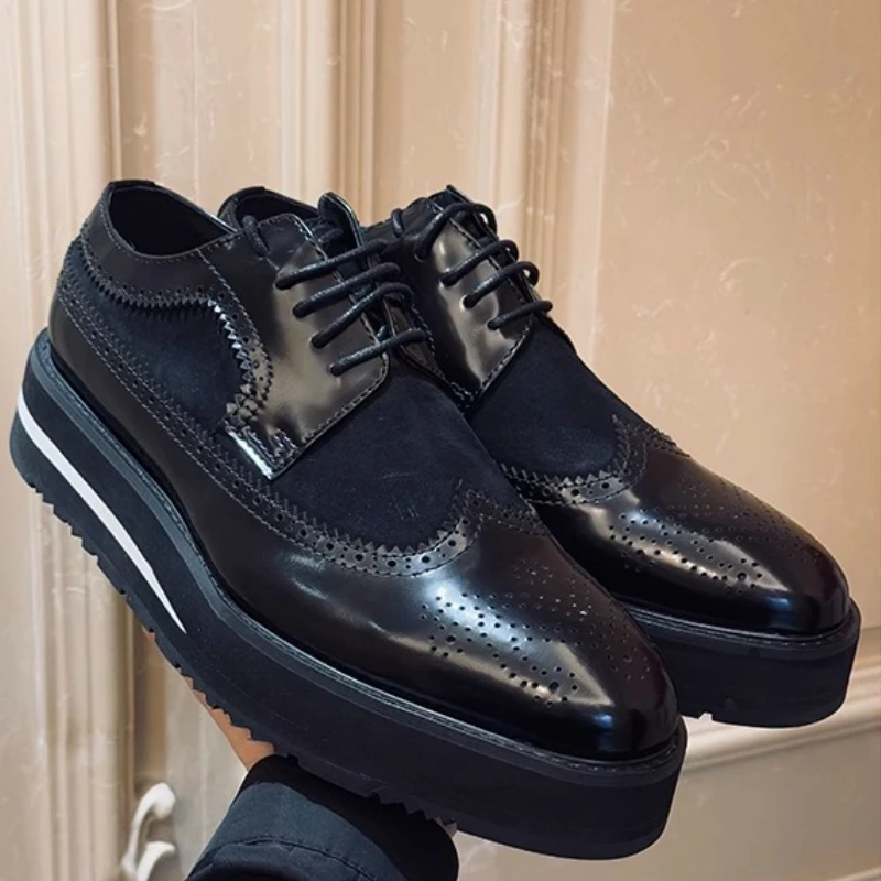 

English Derby Shoes for Men's Cowhide Carved Block Shoes Comfortable Breathable Sponge Cake Thick Soled Height Increasing Shoes