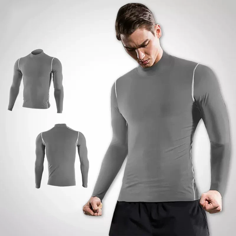 Men Turtleneck Running Long Base T Shirt Fitness Sport Basketball Football Gym Hiking Trainning Compression Tops Bottom Clothes