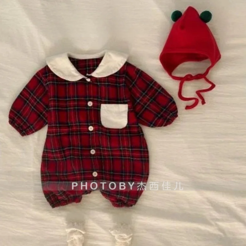 

Детская рождественская одежда для скалолазания с красной сеткой для младенцев, корейский осенне-зимний комбинезон с кукольным воротником, новинка 2023 г.