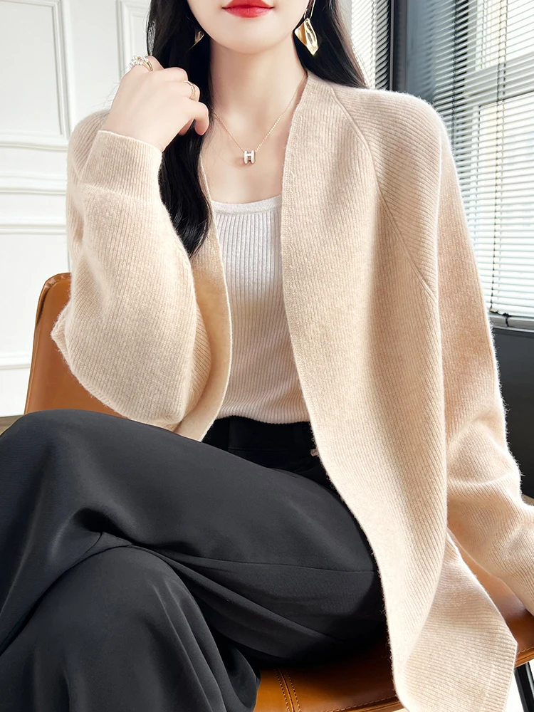 

2024 New Women Cardigan Autumn Winter Medium-Length Cashmere Sweater 100% Merino Wool Knitwear Female Grace Soft Clothes Top