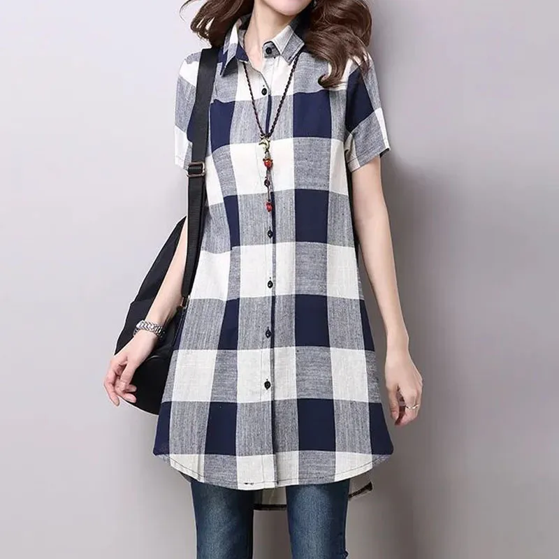 Polo Neck Button Loose Vintage Plaid Shirt 2022 Summer Women Clothing Fashion Streetwear Short Sleeve Pockets Blouses Ladies