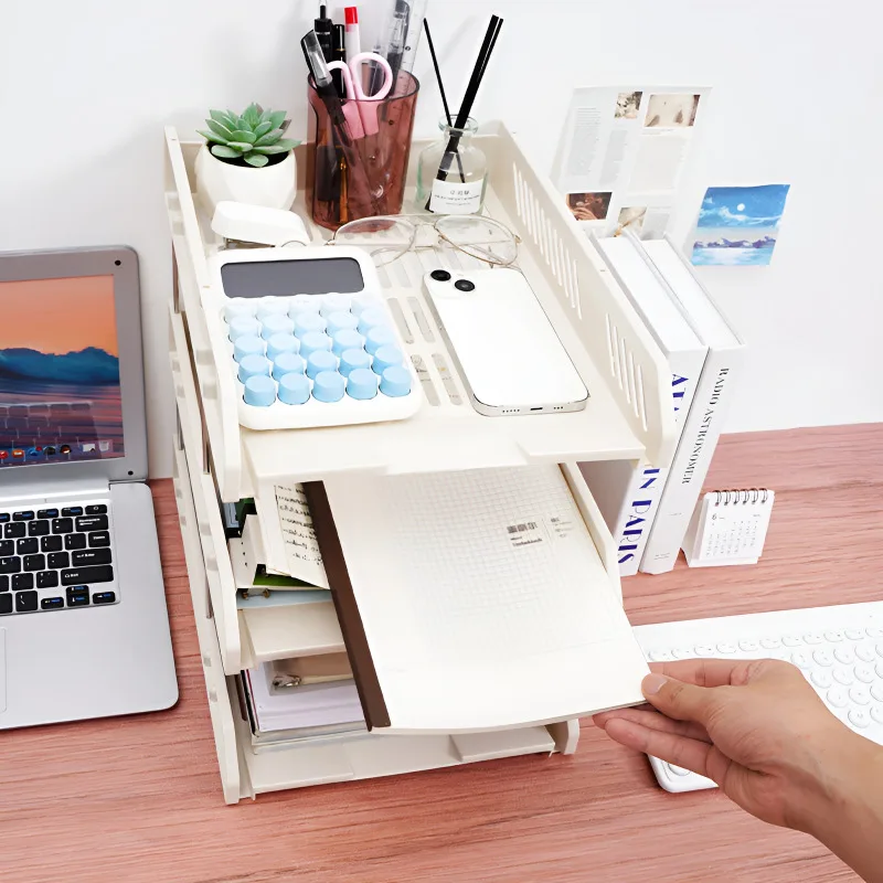 

Three Layer File Tray Desktop Document Organizer Vertical File Holder Office Storage Box Paper Rack for Home School Desk Use