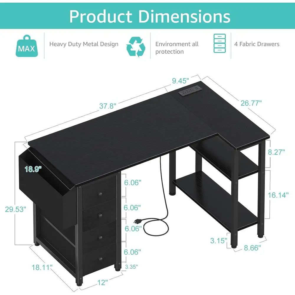 مكتب كمبيوتر 47 على شكل حرف L مع أدراج وتخزين، مخرج طاقة، أسود للمكتب المنزلي والألعاب #3