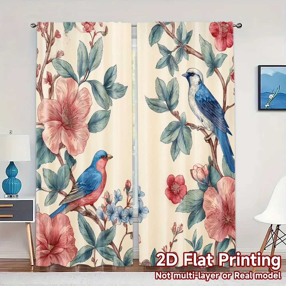 2D Flat Printing,JIT 2pcs, Curtains (Without Rod) Birds Blooms Modern Modern Curtain Versatile Durable Polyester Curtains
