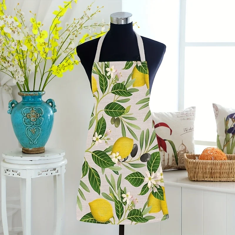 1pc Lemon and White Flower Green Leaf Pattern, Unisex Printed Apron, Chef Apron, Ideal for Kitchen Baking, Outdoor Barbecue, Pai