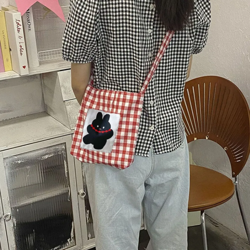 

Cartoon Crossbody Cloth Pouch Embroidered Large Capacity Rabbit Plaid Shoulder Bag Magnetic Button Korean Style Canvas Phone Bag