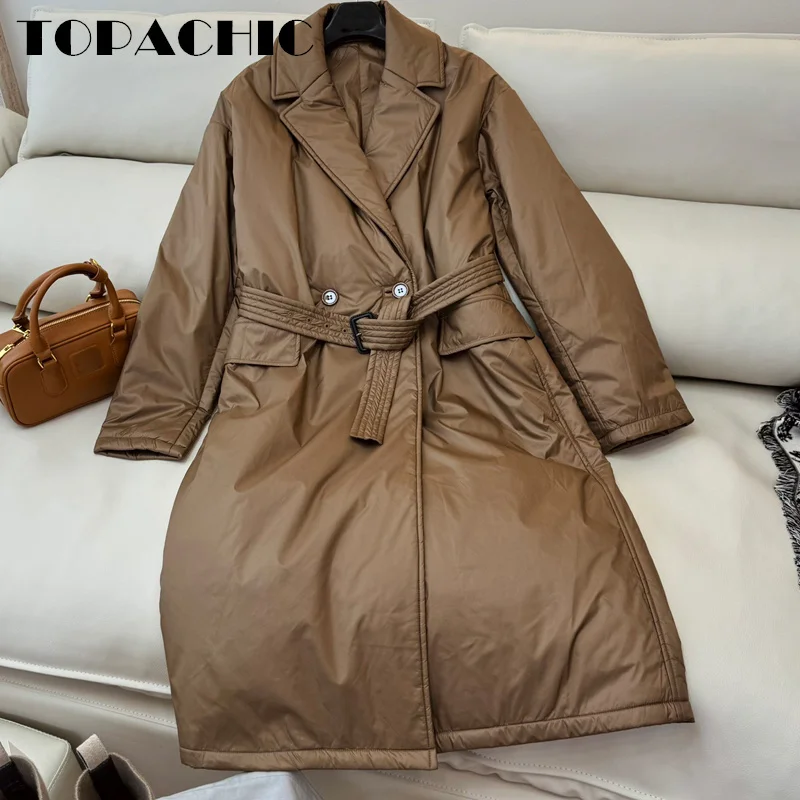 8.28 TOPACHIC-Women Solid Camel Down Lapel Collar Parkas Elegant Double Breasted Sashes Collect Waist Keep Warm Long Outerwear