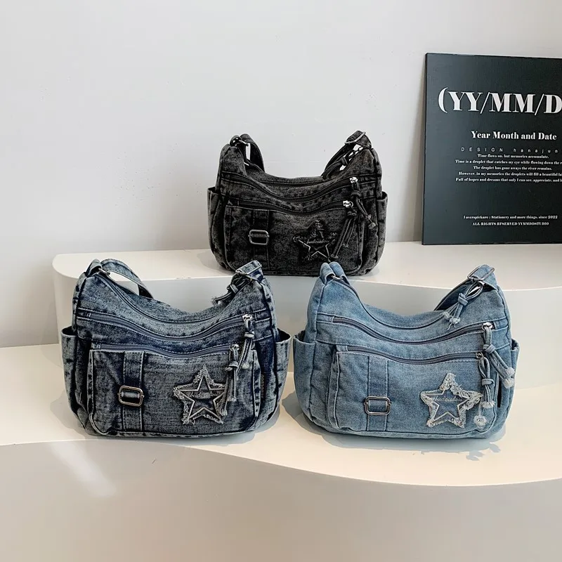 

Durable denim women's bag, Star large-capacity multi-pocket tote bag, single-shoulder bag, commuter crossbody bag