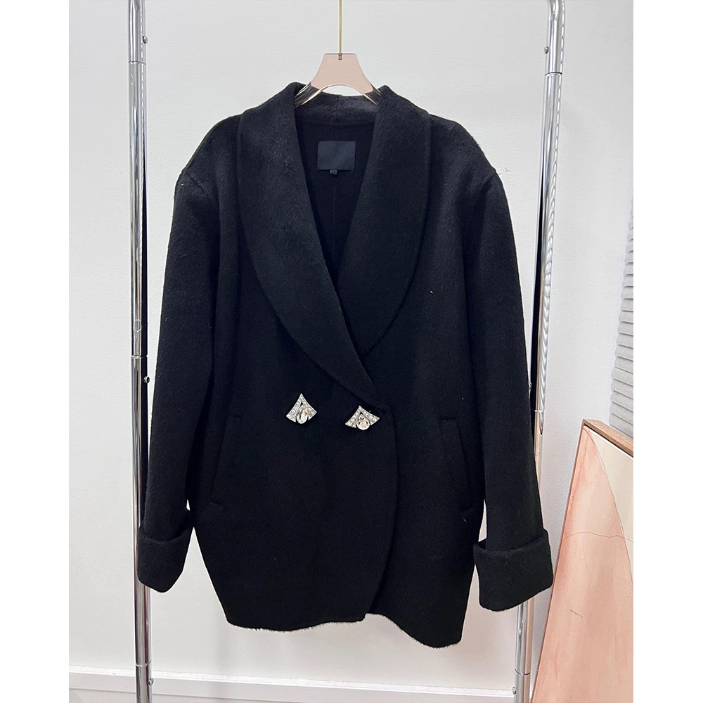 Double-sided woolen coat 2024 autumn and winter heavy industry cocoon-shaped large sleeves diamond button silhouette black coat