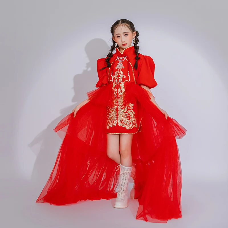 Chinese Style Red Cheongsam Dress Train Skirt Girls Jazz Dance Costume Children'S Stage Catwalk Wear Festival Outfits XS6623