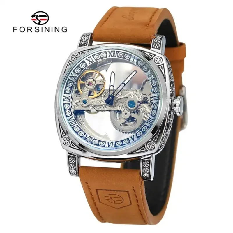Forsining 403B Gold Silver Transparent Skeleton Watch Men's Automatic Watch Brown Belt Retro Men's Mechanical Watch reloj hombre