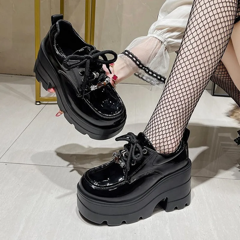 8.5cm Spring Women's Shoes Heavy Metal Thick Bottom High Top Punk Leather Shoes New Gothic Dark Motorcycle Boots Trend Sneakers