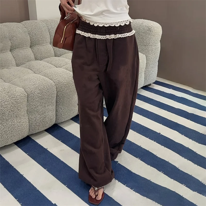 

Women's pants New lace spliced straight leg pants for winter 2025 pure cotton elastic waisted sports pants loose wide leg pants