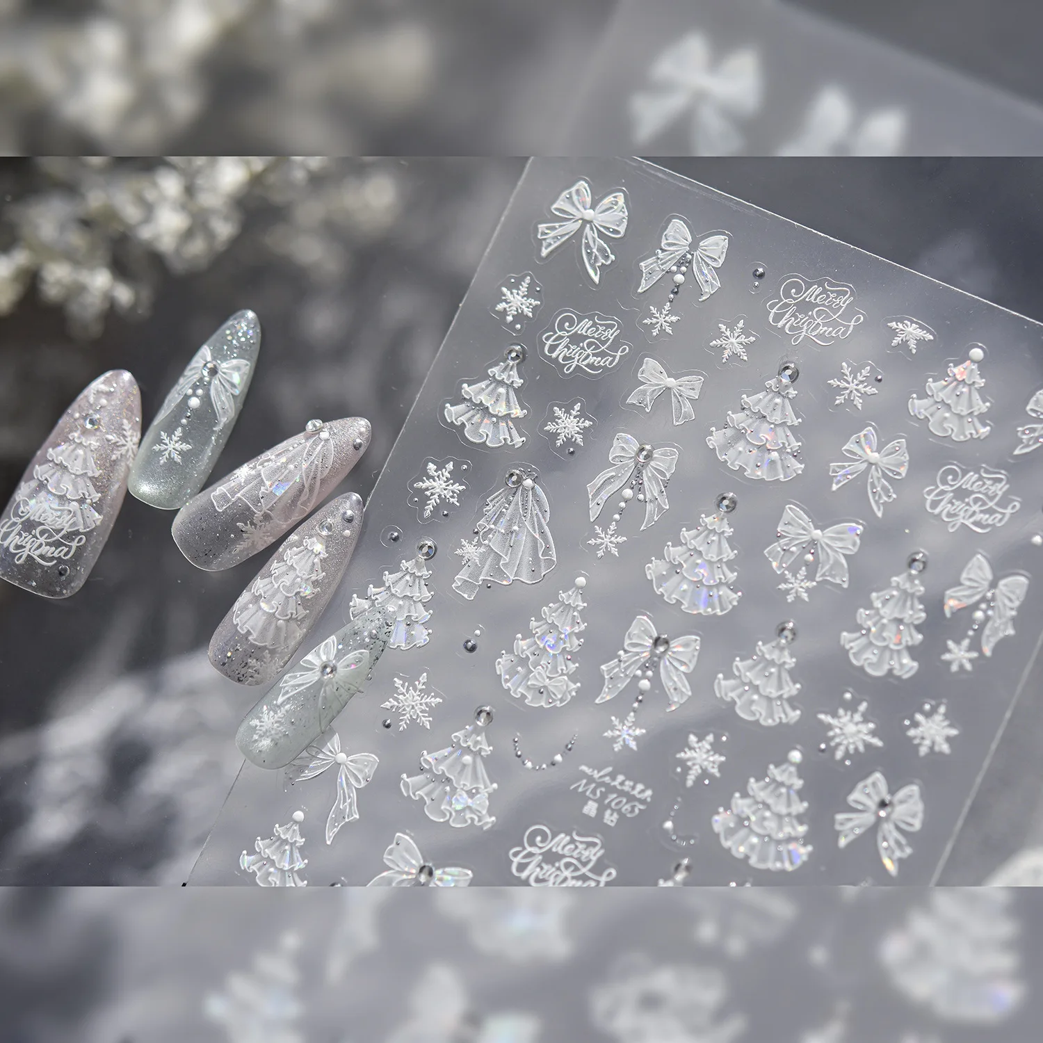 Nail Art Stickers Crystal Rhinestone Winter Christmas Tree Bow Adhesive Decals Lightweight Silver Women DIY Manicure Holiday