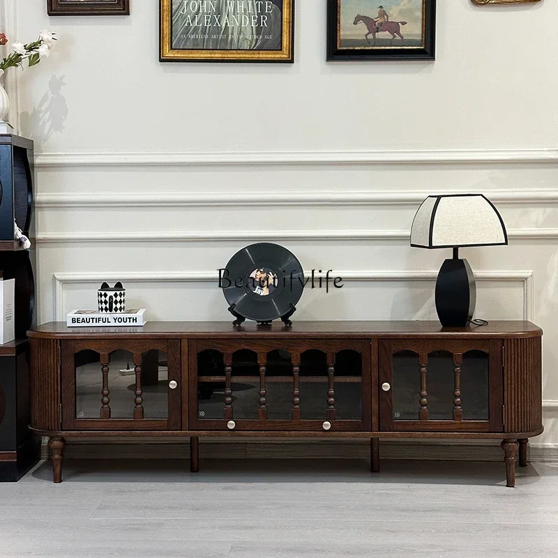 

French Retro Solid Wood Walnut Color TV Cabinet American Style Small Apartmentlx