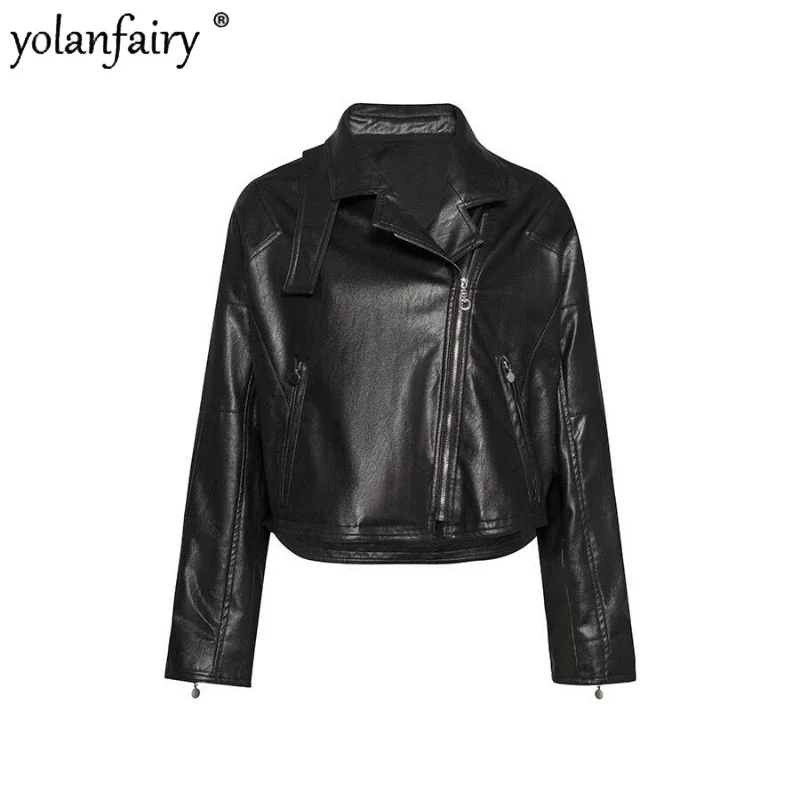 Motorcycle Genuine Leather Clothing Female Natural Leather Clothes Women Pure Sheepskin Coats Lapel Black Tops Chaquetas FCY4911